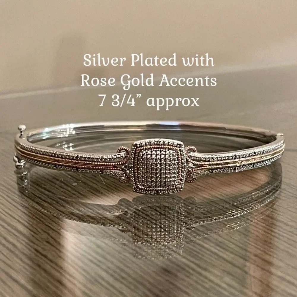 BR SUN Silver Plated Elegant Hinged Bangle Bracelet with Rose Gold Accents